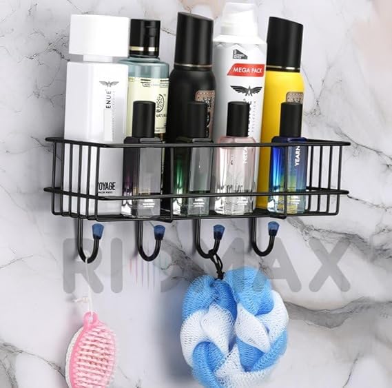 Wall Mounted Self-Adhesive Multipurpose Bathroom Shelf with Hooks/Towel Holder/Rack/Bathroom Accessories-Wall Mount (Material-GI Metal, Powder Coated Finish