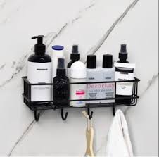 Wall Mounted Self-Adhesive Multipurpose Bathroom Shelf with Hooks/Towel Holder/Rack/Bathroom Accessories-Wall Mount (Material-GI Metal, Powder Coated Finish