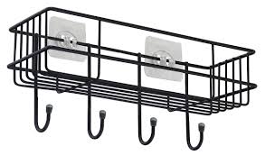 Wall Mounted Self-Adhesive Multipurpose Bathroom Shelf with Hooks/Towel Holder/Rack/Bathroom Accessories-Wall Mount (Material-GI Metal, Powder Coated Finish