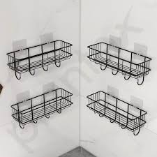 Wall Mounted Self-Adhesive Multipurpose Bathroom Shelf with Hooks/Towel Holder/Rack/Bathroom Accessories-Wall Mount (Material-GI Metal, Powder Coated Finish