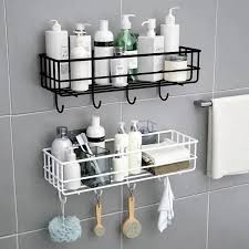 Wall Mounted Self-Adhesive Multipurpose Bathroom Shelf with Hooks/Towel Holder/Rack/Bathroom Accessories-Wall Mount (Material-GI Metal, Powder Coated Finish