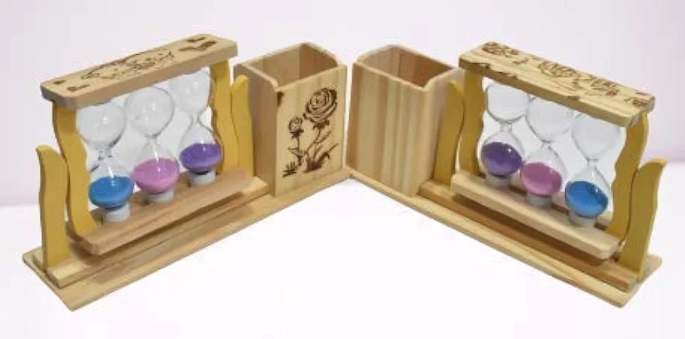 Handicraft Wooden Pen Stand with 3 Hourglass Timer | Pen/Pencil Holder | Multicolour Sand | Office Desk Item | Home Decor | 22cm
