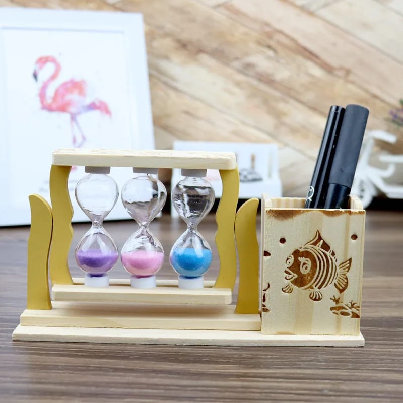 Handicraft Wooden Pen Stand with 3 Hourglass Timer | Pen/Pencil Holder | Multicolour Sand | Office Desk Item | Home Decor | 22cm