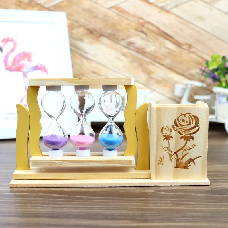 Handicraft Wooden Pen Stand with 3 Hourglass Timer | Pen/Pencil Holder | Multicolour Sand | Office Desk Item | Home Decor | 22cm