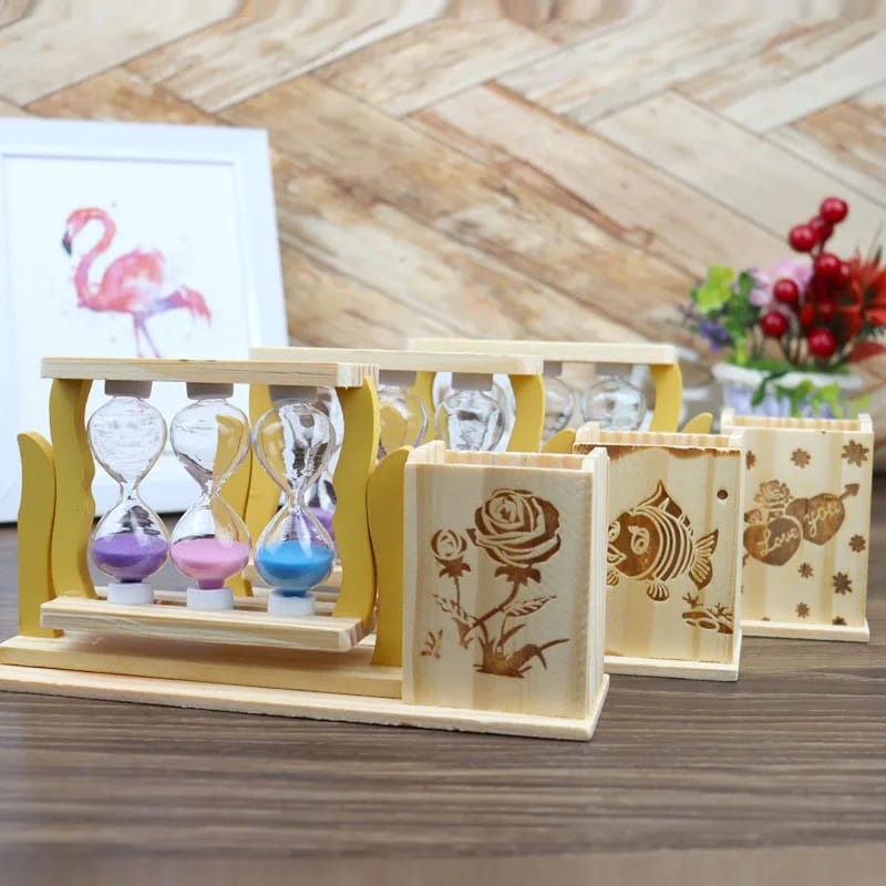 Handicraft Wooden Pen Stand with 3 Hourglass Timer | Pen/Pencil Holder | Multicolour Sand | Office Desk Item | Home Decor | 22cm