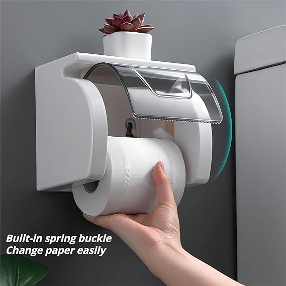 Toilet Roll Holder Wall Mounted, Self Adhesive Toilet Paper Holder with Shelf for Bathroom & Kitchen, Waterproof,