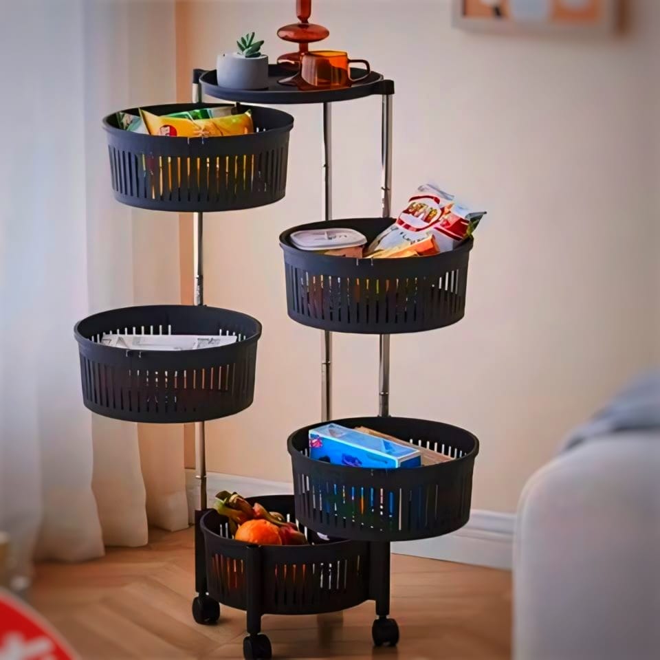 4 Tier Fruit Vegetable Basket for Kitchen, Extra with 2 Metal Wire Baskets, Stackable and Practical Fruit Rack, Kitchen Pantry Multifunctional Storage Cart for Onions and Potatoes (Black)