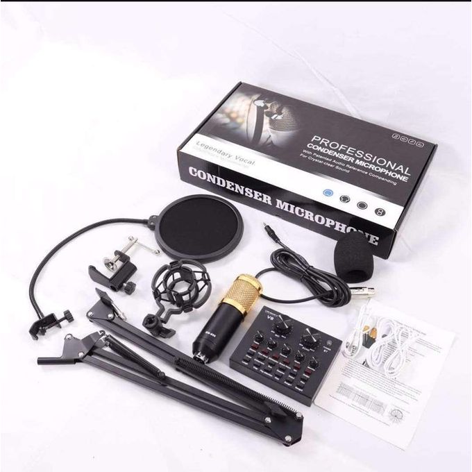 Professional Condenser Studio Microphone  Sound Card Arm Stand And Shock Mount And Arm Stand And Filter
