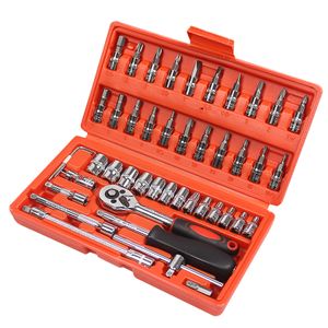 46 PCS Car Hand Tool Sets Repair Tool Kit Mechanical Tools Box for Home DIY 1/4" Socket Wrench Set Ratchet Screwdriver Bits red