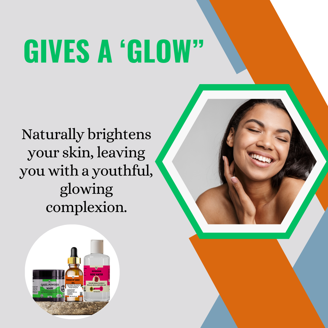 Qasil Powder, Rose Water, and Rosehip Seed Oil Pack - Your Complete Skincare Arsenal for Radiant, Healthy Skin!