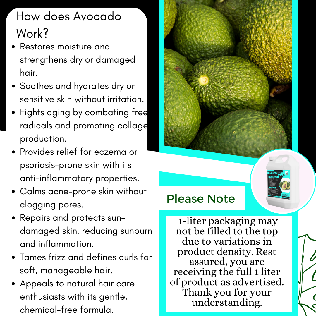 Avocado Oil (Crude) - 1 litre,For Dry or Damaged Hair, Dry or Sensitive Skin, Eczema or Psoriasis