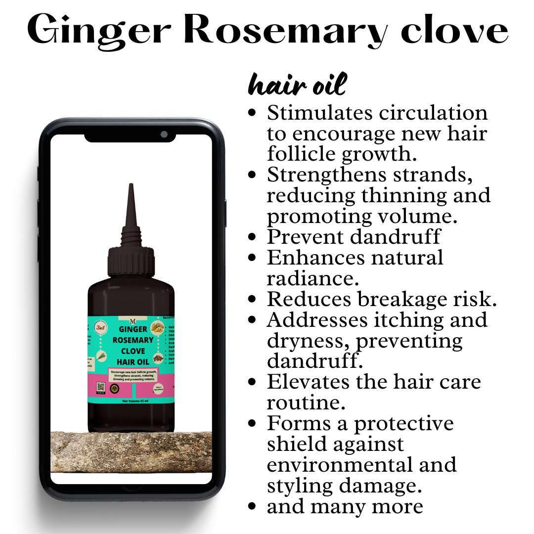 Ginger Rosemary Clove Hair Oil - Encourage new hair follicle growth, Strengthens strands, Reducing thinning and promoting volume.