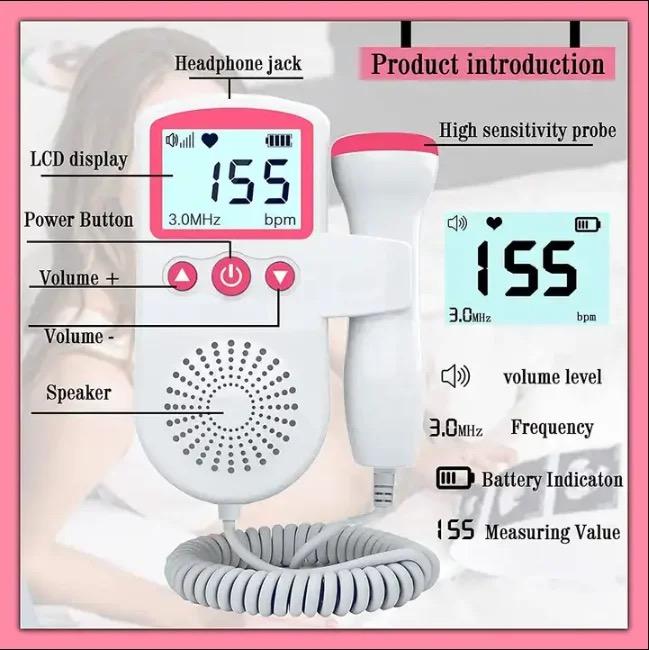 Portable Fetal Doppler Machine for Pregnancy - Accurate Baby Heart Rate Monitor Baby Heart Beat Detector  Backlight LCD Probe