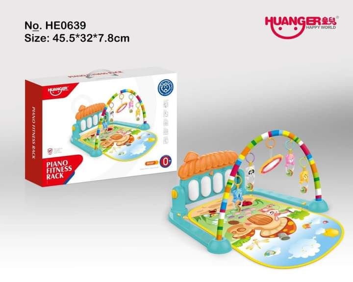 Play piano Music rewards baby as she kicks the piano keys ▫ 5 busy activity toys &amp; a large mirror ▫ Short or long-play music—up to 15 minutes ▫ Soft, comfy mat ▫ Power/volume control
