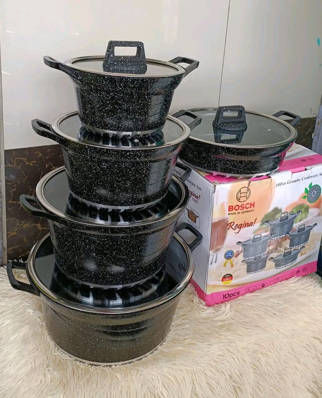 10 PCs Bosch granite cookware set Very high quality granite pots. It has glass lids that traps heat inside for efficient cooking.It comes in a Set highly durable, easy to clean, even heat distribution