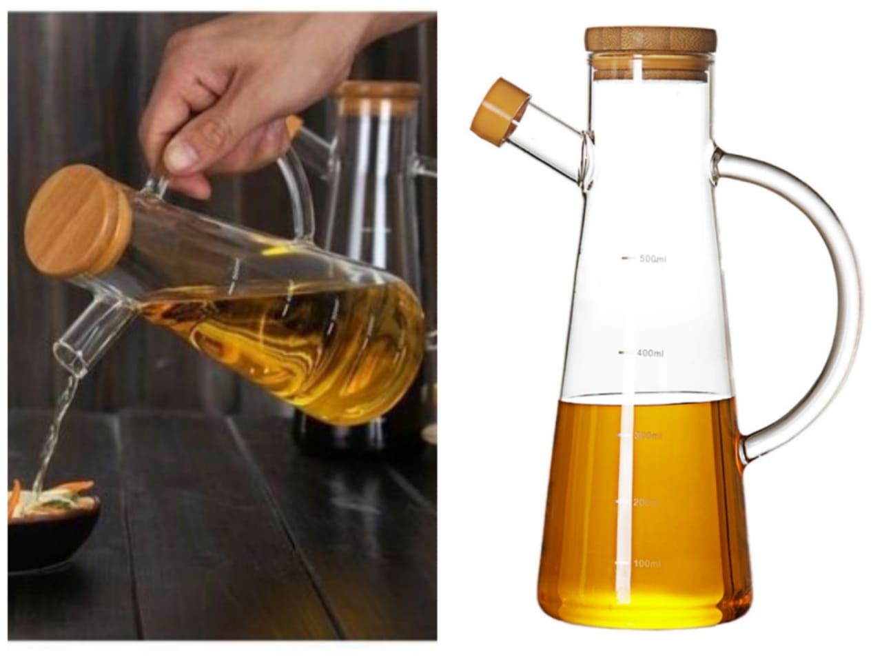 GLASS OIL/ VINEGAR POT OIL DISPENSER JARBamboo Lid-Good Quality OIL CONTROL SCALE, ANTI-DRIP DESIGN - We print the clearly scale line on the oil dispenser body, that can
