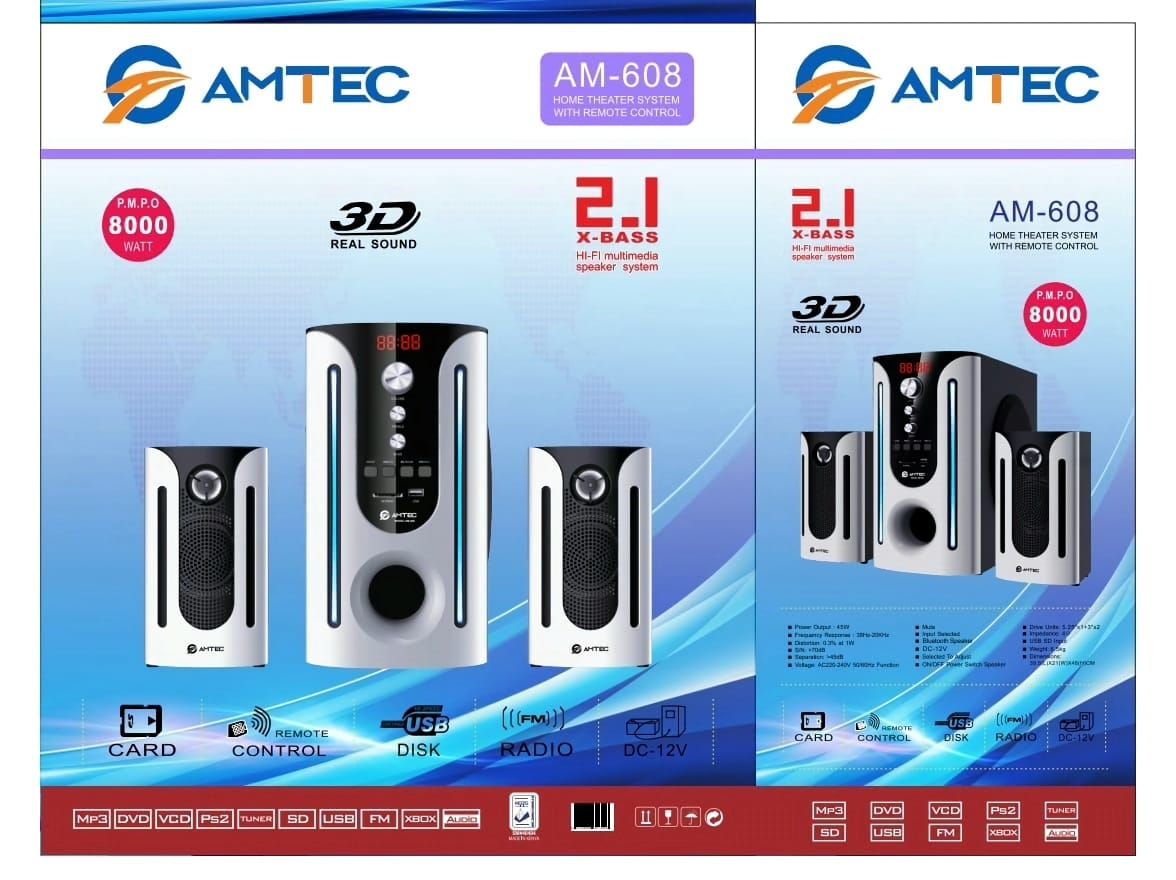 Amtec AM-608 2.1 SUB-WOOFER SYSTEM 8000W.Bluetooth,USB speaker systems Remote Aux/Digital FM ready USB Support SD card 2.1 CH 8000WAT best quality sound in a neat,