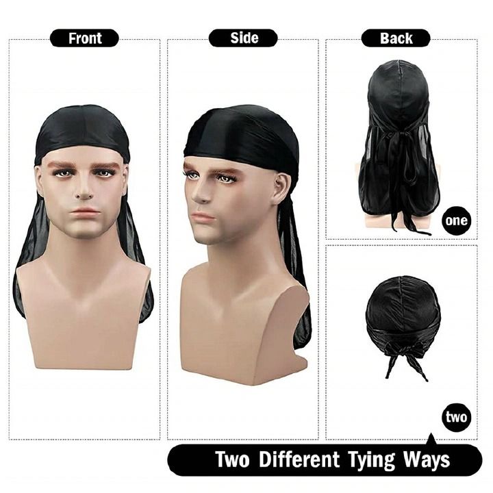 Men's Silky Durags Long Satin Turban Hat Wigs Doo Durag Biker Headwrap Pirate Hat Men Cap Men Hair Accessories Long Tail Du-Rag