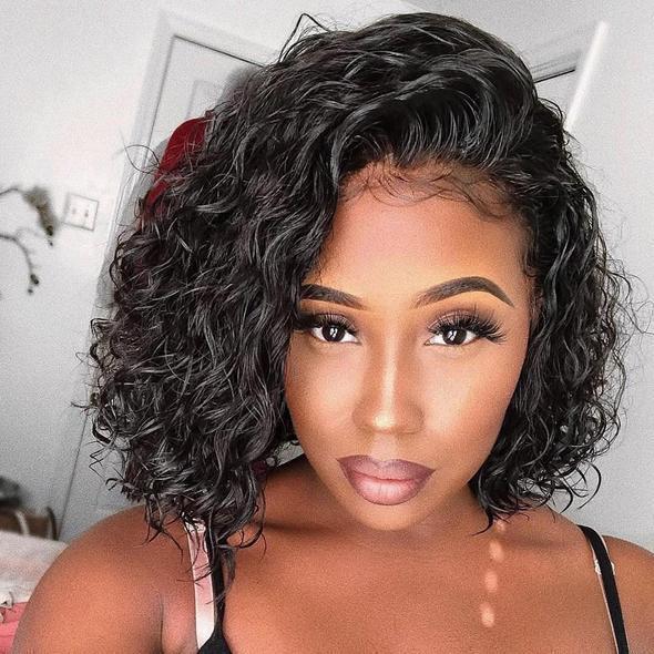 Deep Wave 180% Density Pre-Plucked Side Part Short Bob Lace Frontal Brazilian Virgin Human Hair Wigs For Black Woman