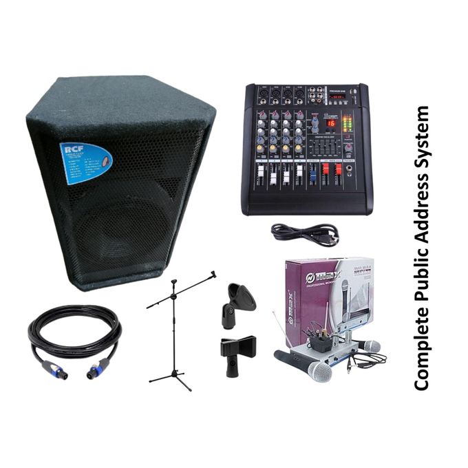 Full Public Address System 12 Inches PA Speaker + 4 Channel Mixer + OMAX Microphone
