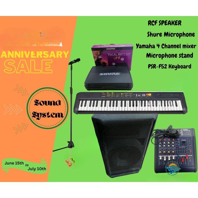 Rcf Full Public Address System Speaker 12 inches + Wireless Microphone + 4 Channel Mixer + Microphone Stand + Yamaha Keyboard