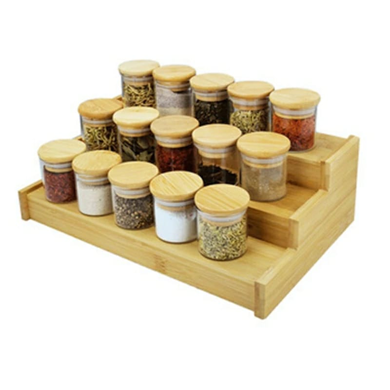 3 tier expandable Wooden spice  rack Durable and good quality
3 slanted tiers provides organization and easy to spice bottles, jars, condiments, and more
Tidy the kitchen pantry, cabinet, shelf, and e