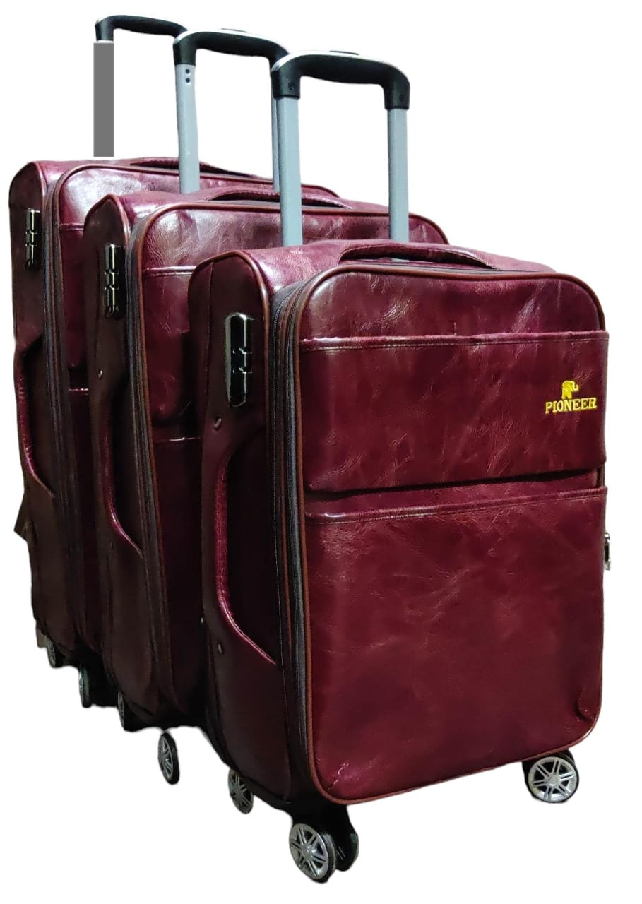 3PCS PIONEER LEATHER 4 WHEELS Stylish travel suitcase made from durable fabric. It comes with a set of 180-degree wheels for convenient movement. It is large and spacious enough for your belongings. I