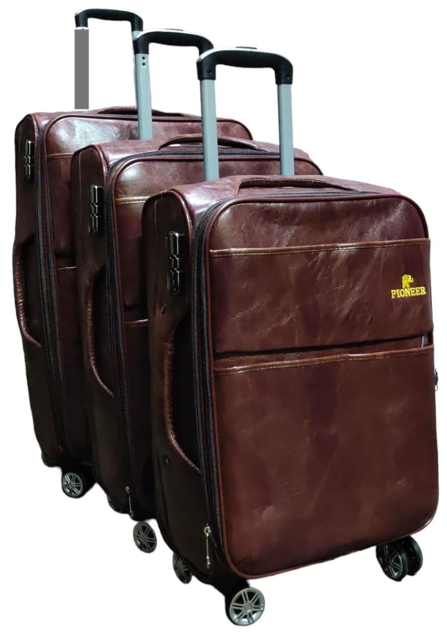 3PCS PIONEER LEATHER 4 WHEELS Stylish travel suitcase made from durable fabric. It comes with a set of 180-degree wheels for convenient movement. It is large and spacious enough for your belongings. I