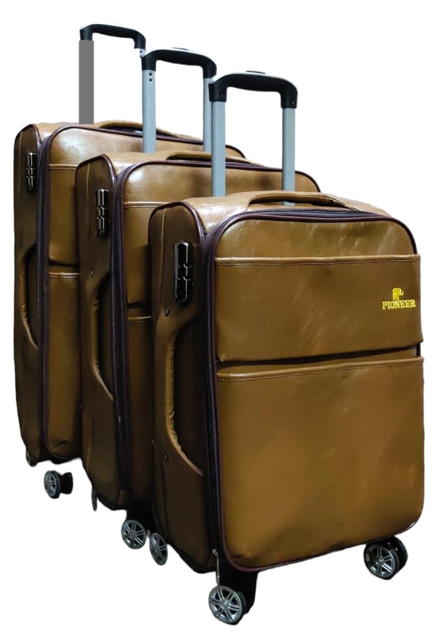 3PCS PIONEER LEATHER 4 WHEELS Stylish travel suitcase made from durable fabric. It comes with a set of 180-degree wheels for convenient movement. It is large and spacious enough for your belongings. I