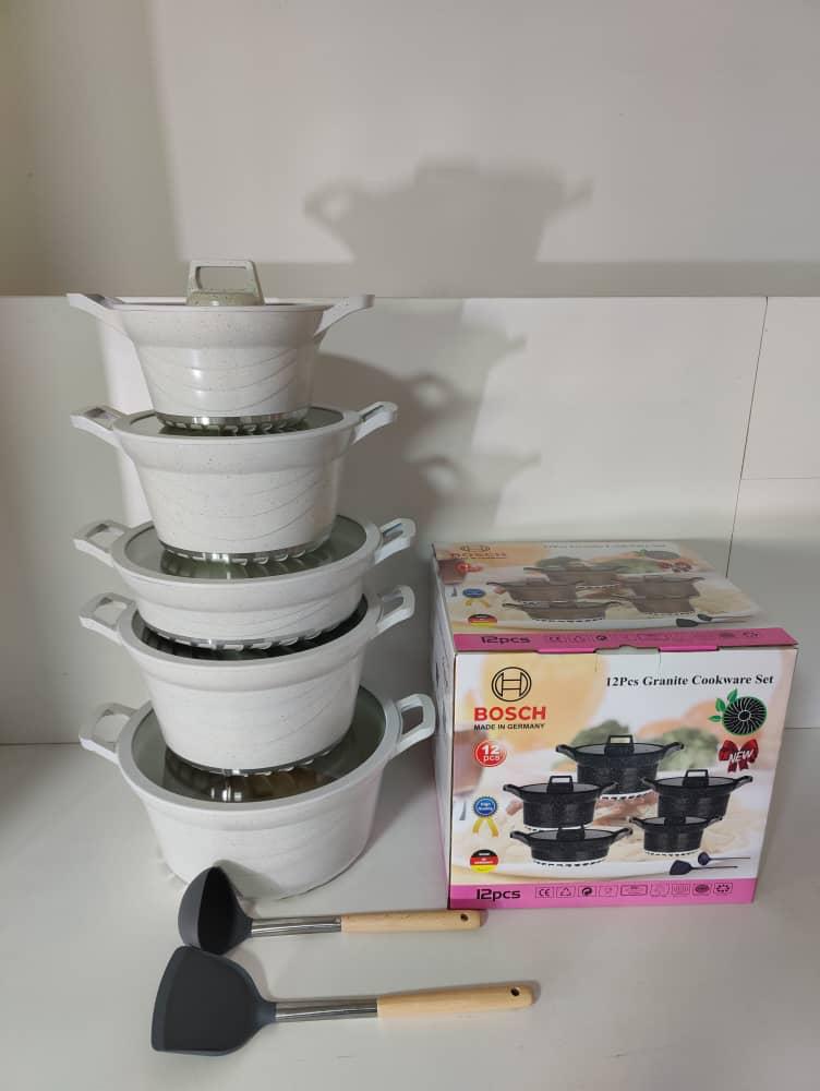 12 pcs SILICON New improved bosch REGINA    granite coating  cookware set  lid sealed with silicon  ring its safe  no breakage  no air linkage  so food is cooked fast and nutrition value added