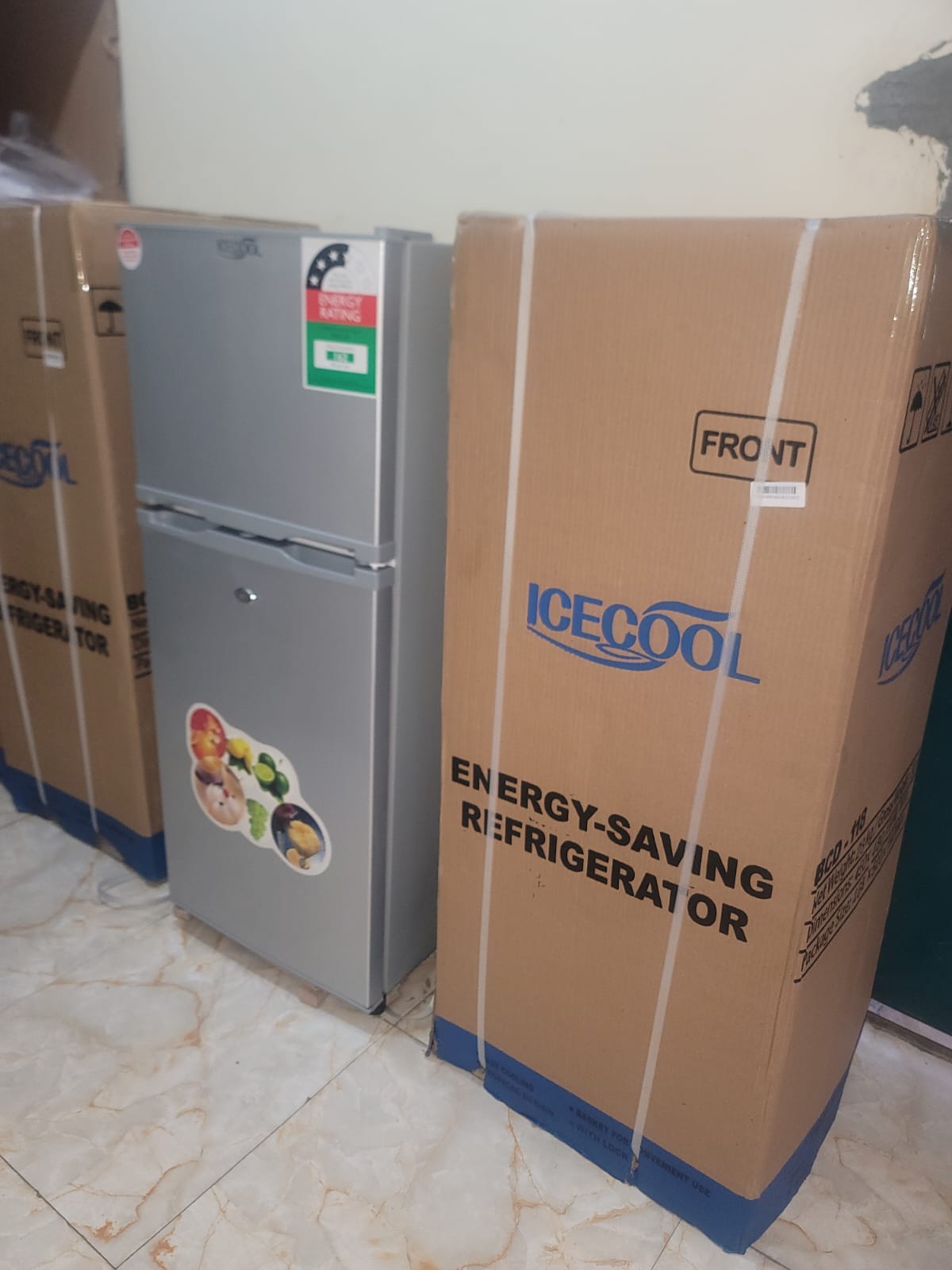 Icecool 118 litres double door refrigeratorHigh efficient compressor; Safety glass shelf; Interior light; Vegetable and fruits crisper; Separate freezer compartment for long-term storage; Low noise,