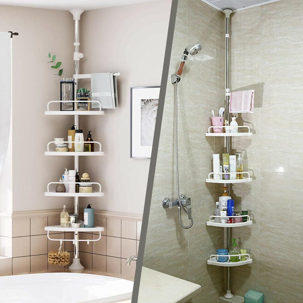 Multi-Corner Shelf CORNER STANDING SHOWER CADDY: The shower caddy can use the space in the corner of the bathroom to organize toiletries. Avoid the situation stacking randomly. Keep the bathroom tidy
