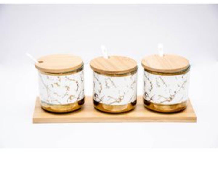 3pc marble sugardishMade of high quality ceramic, durable and not easy to deform, simply wipe clean.
The sealing silicone circle keeps food fresh for a long time. the wooden lid is equipped with a sil
