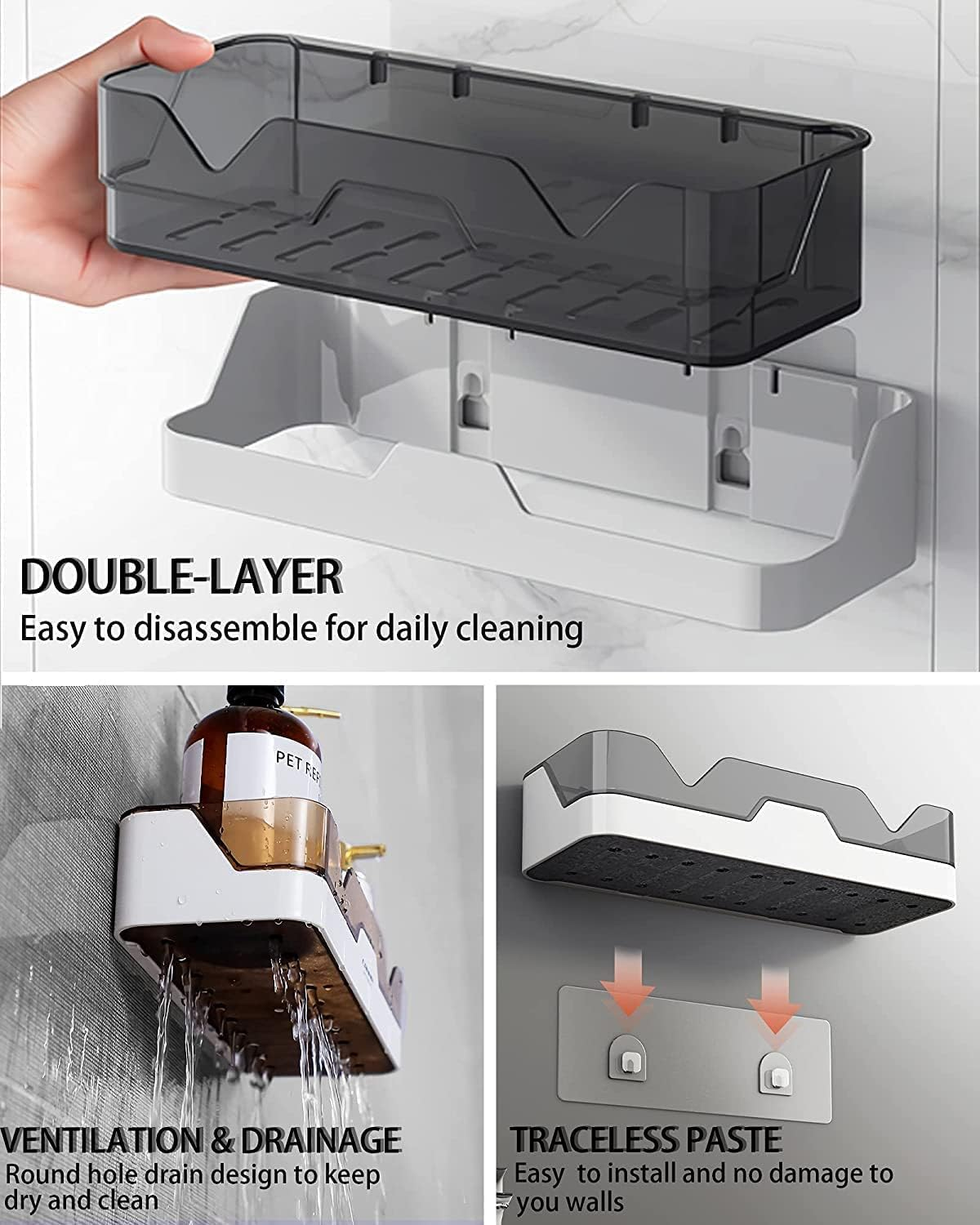 [ NEW ARRIVALS] D023 Accessory holder Homart 1-Pack Shower Caddy, Separable Shower Organizer with Hooks, No Drilling Double Layer Shower Shelf, Used for Bathroom and Kitchen (Black)