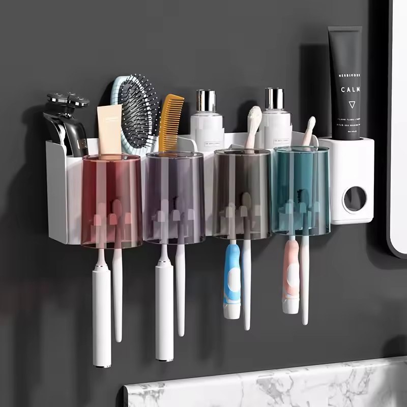 [NEW ARRIVALS] HOMART D005 Toothbrush Holder Wall Mounted with Toothpaste Dispenser,Electric Toothbrush Holder with Colorful Mouthwash Cup and Multiple Toothbrush Slots (4 Cups)