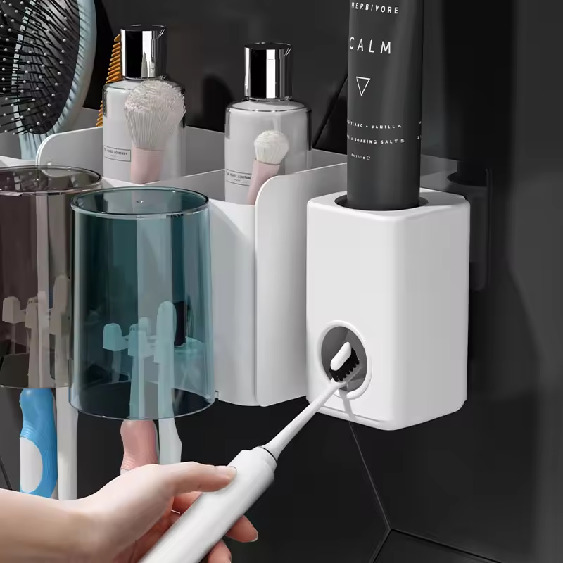 [NEW ARRIVALS] HOMART D005 Toothbrush Holder Wall Mounted with Toothpaste Dispenser,Electric Toothbrush Holder with Colorful Mouthwash Cup and Multiple Toothbrush Slots (4 Cups)