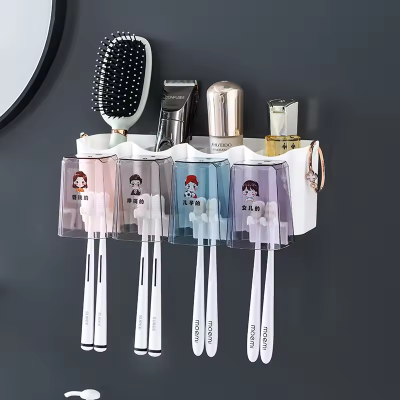 [NEW ARRIVALS] HOMART D005 Toothbrush Holder Wall Mounted with Toothpaste Dispenser,Electric Toothbrush Holder with Colorful Mouthwash Cup and Multiple Toothbrush Slots (4 Cups)