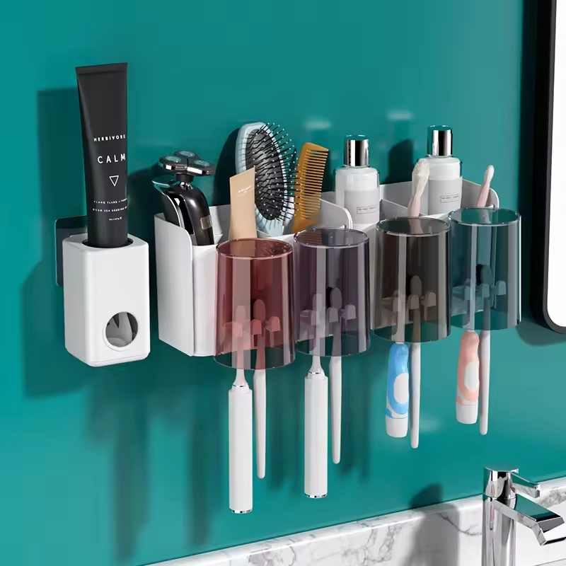 [NEW ARRIVALS] HOMART D005 Toothbrush Holder Wall Mounted with Toothpaste Dispenser,Electric Toothbrush Holder with Colorful Mouthwash Cup and Multiple Toothbrush Slots (4 Cups)