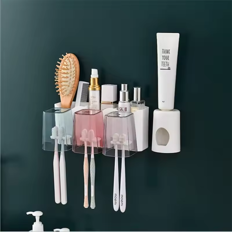 [NEW ARRIVALS] HOMART D005 Toothbrush Holder Wall Mounted with Toothpaste Dispenser,Electric Toothbrush Holder with Colorful Mouthwash Cup and Multiple Toothbrush Slots (4 Cups)