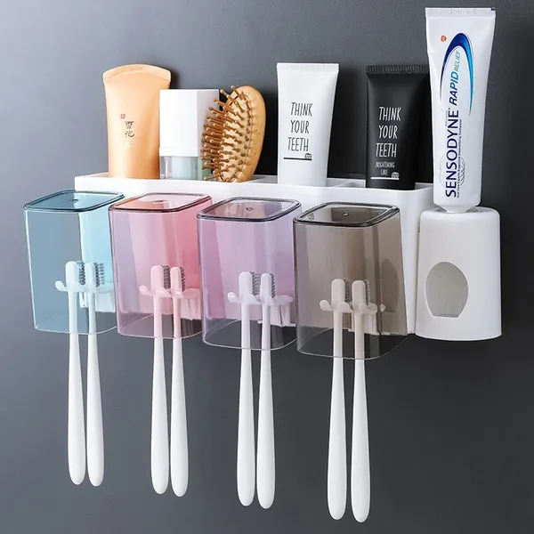 [NEW ARRIVALS] HOMART D005 Toothbrush Holder Wall Mounted with Toothpaste Dispenser,Electric Toothbrush Holder with Colorful Mouthwash Cup and Multiple Toothbrush Slots (4 Cups)