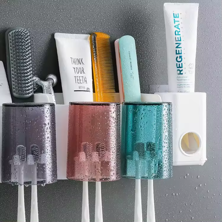 [NEW ARRIVALS] HOMART D005 Toothbrush Holder Wall Mounted with Toothpaste Dispenser,Electric Toothbrush Holder with Colorful Mouthwash Cup and Multiple Toothbrush Slots (4 Cups)