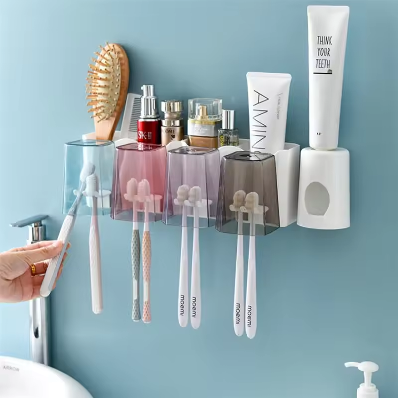 [NEW ARRIVALS] HOMART D005 Toothbrush Holder Wall Mounted with Toothpaste Dispenser,Electric Toothbrush Holder with Colorful Mouthwash Cup and Multiple Toothbrush Slots (4 Cups)