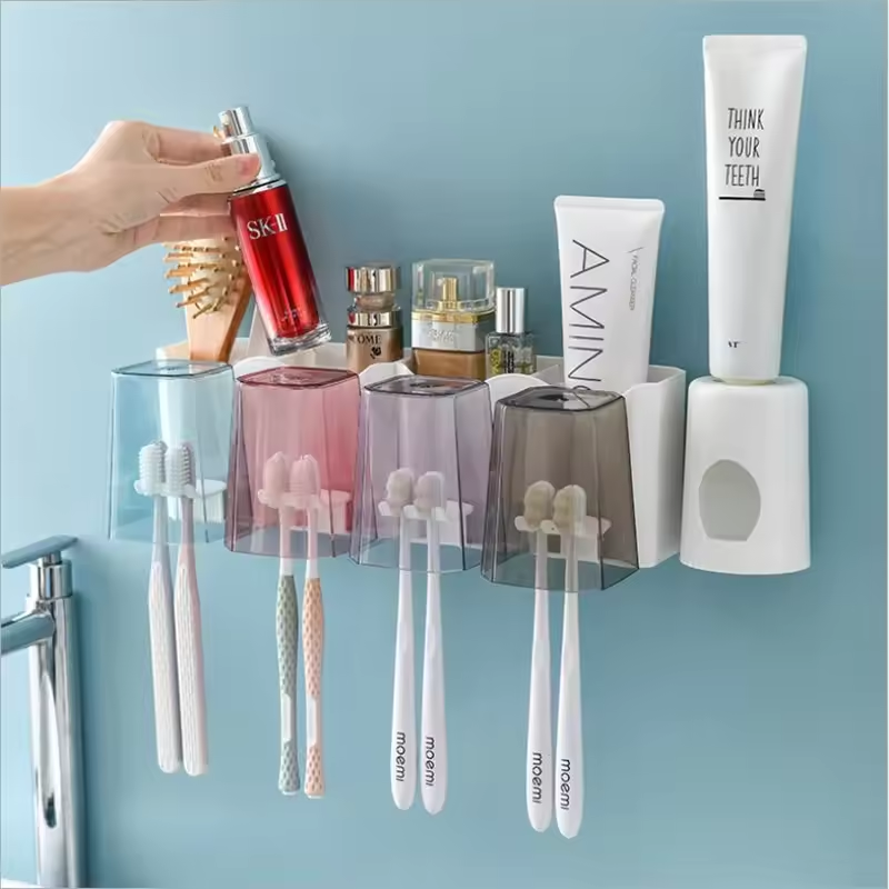 [NEW ARRIVALS] HOMART D005 Toothbrush Holder Wall Mounted with Toothpaste Dispenser,Electric Toothbrush Holder with Colorful Mouthwash Cup and Multiple Toothbrush Slots (4 Cups)