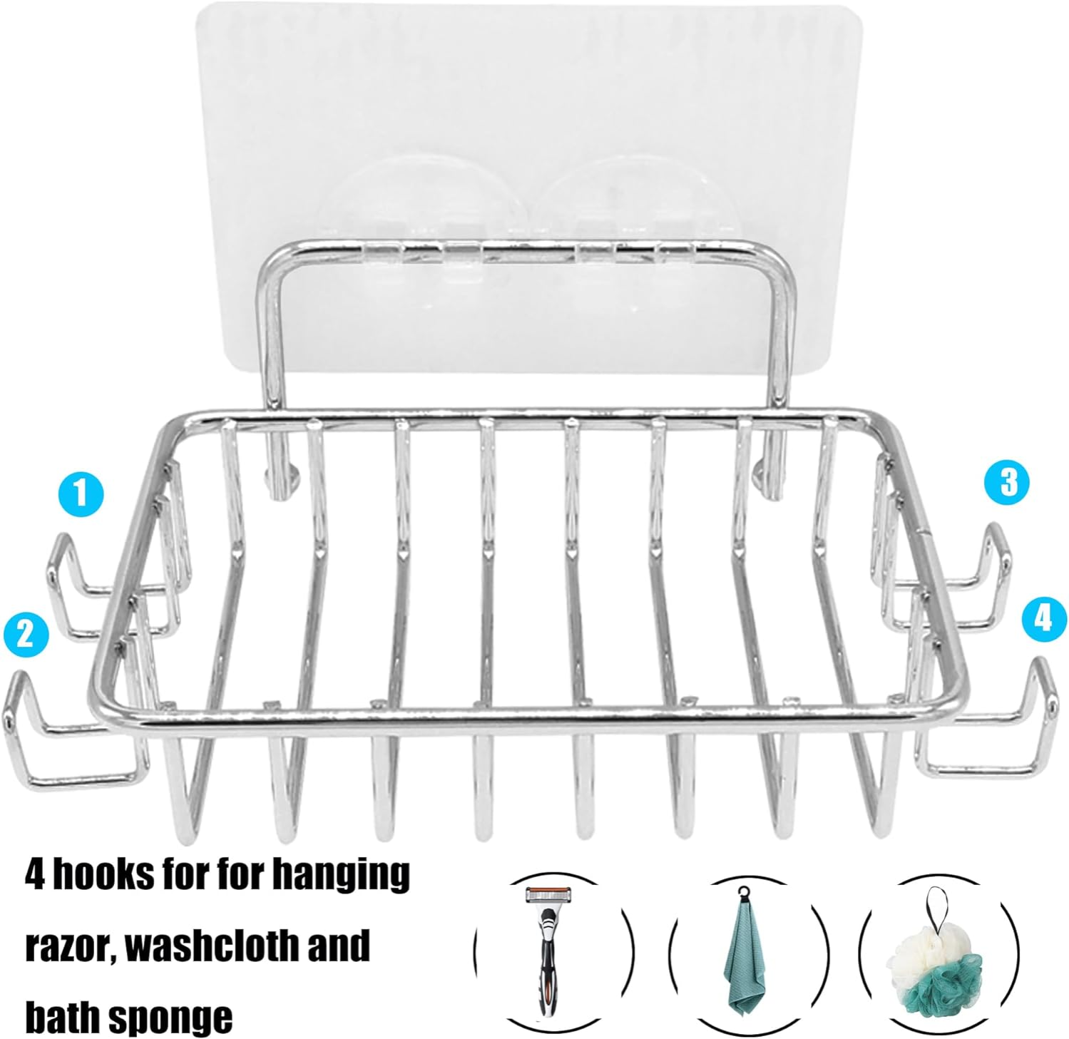 HOMART HM-4 Soap Dish soap Holder Bar Soap Dish with Hooks, Bar Soap Holder Suction Cup for Shower Wall, Soap Saver Tray for Bathroom, Stainless Steel Sponge Holder for Tub