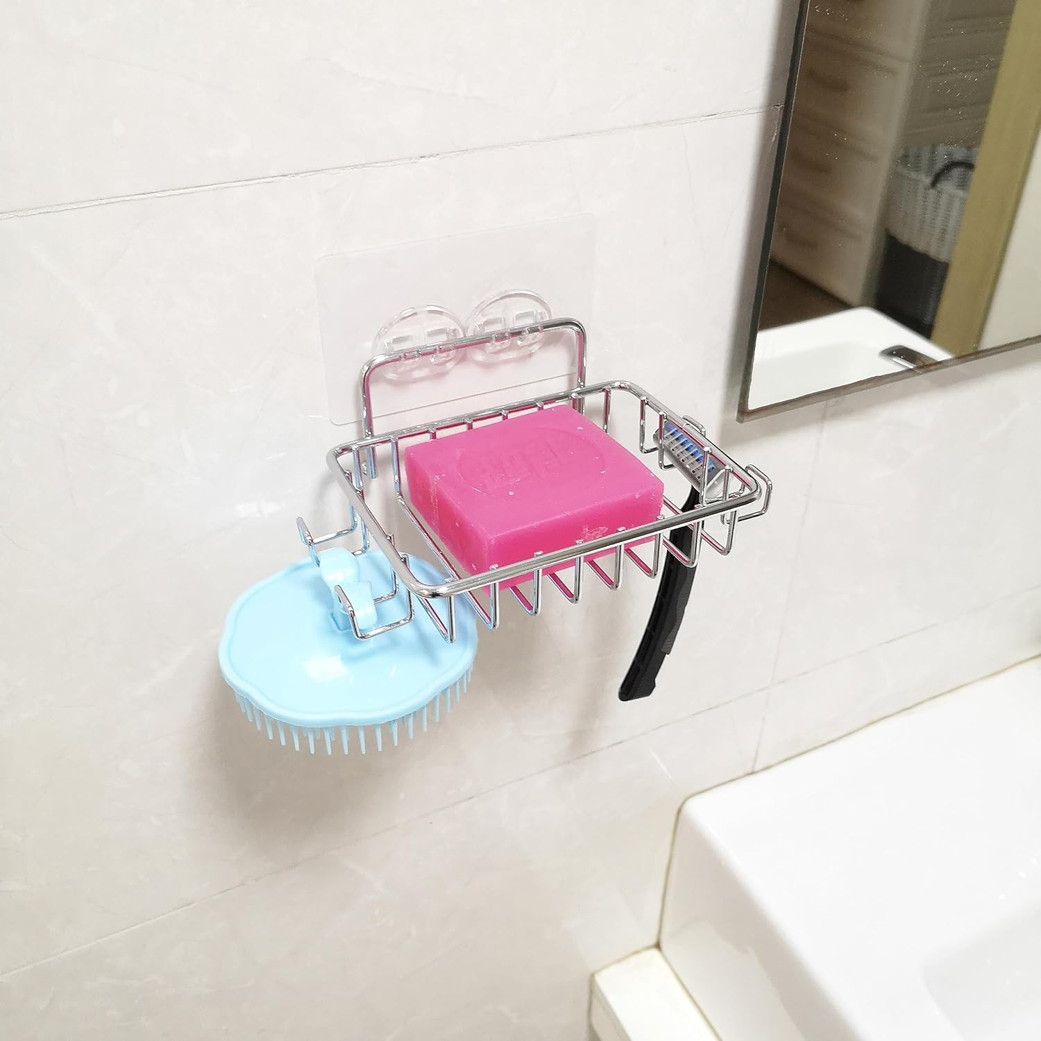 HOMART HM-4 Soap Dish soap Holder Bar Soap Dish with Hooks, Bar Soap Holder Suction Cup for Shower Wall, Soap Saver Tray for Bathroom, Stainless Steel Sponge Holder for Tub