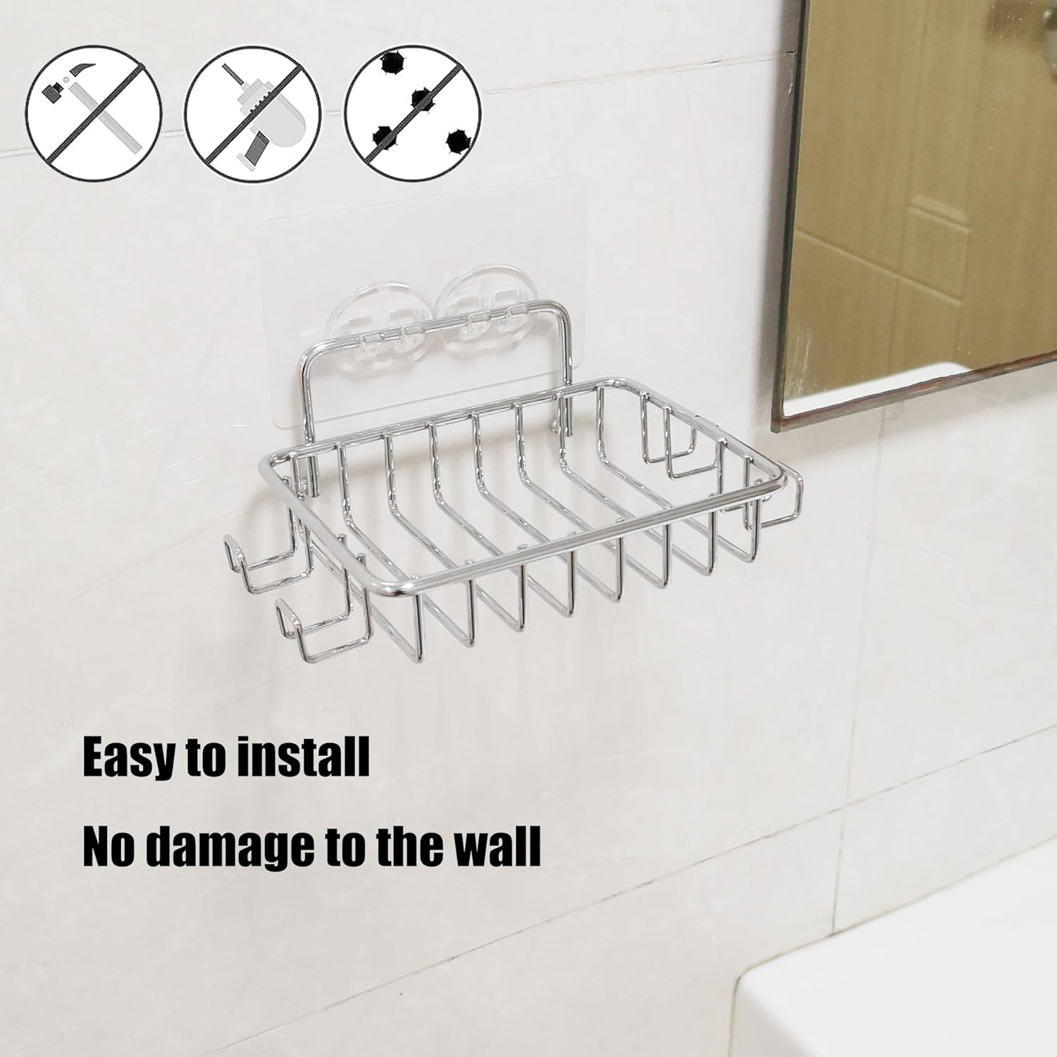 HOMART HM-4 Soap Dish soap Holder Bar Soap Dish with Hooks, Bar Soap Holder Suction Cup for Shower Wall, Soap Saver Tray for Bathroom, Stainless Steel Sponge Holder for Tub