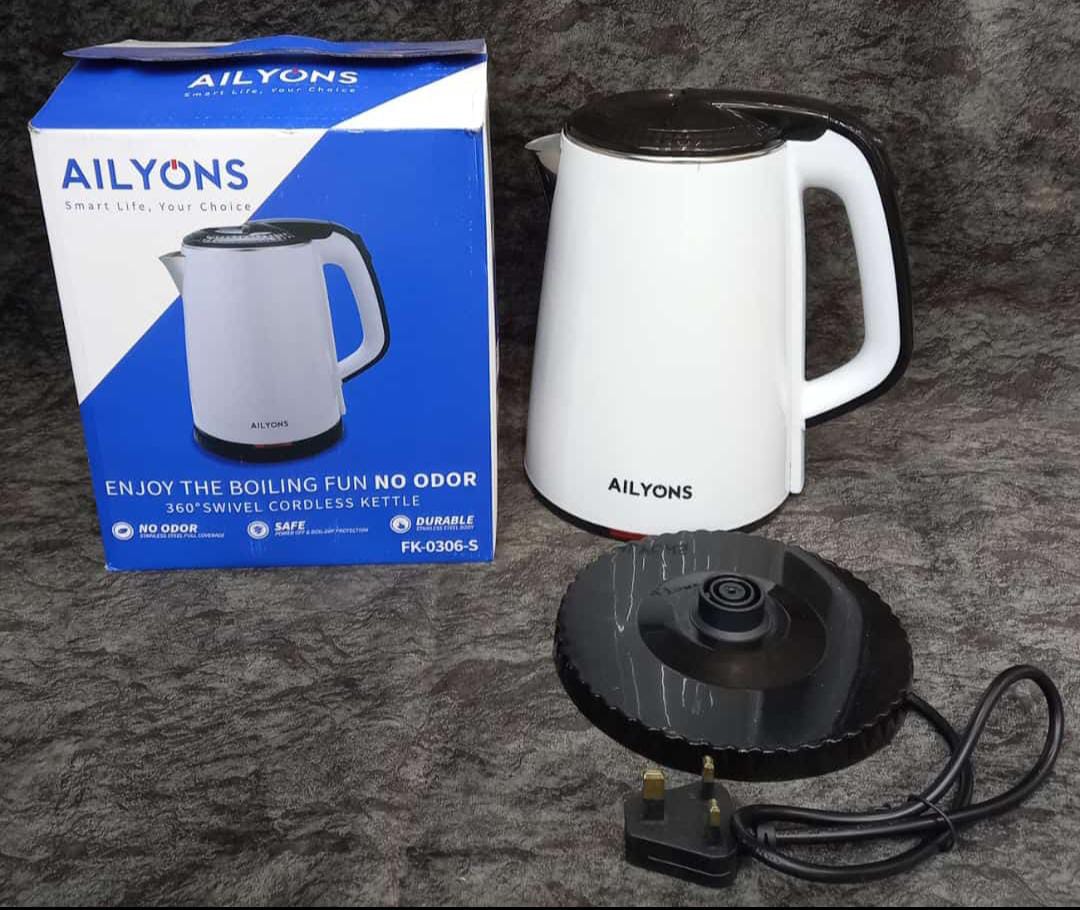 2.2 L LITRES ALYONS ELECTRIC KETTLE Stainless steel construction for durability and easy cleaning Boils water quickly and efficiently WITH LOW ENERGY CONSUPTION VERY AFFORDABLE AND LONG LASTING