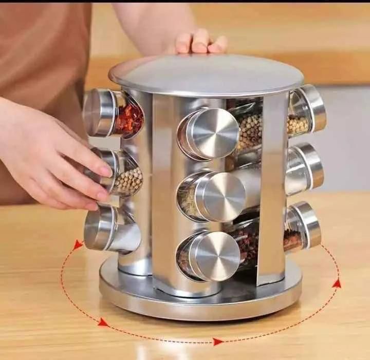 Spice Rack 12 Jars Revolving Countertop, Spice Organizer Tower, Spice Carousel Stand Holder Stainless Steel Top Glass Jars for Kitchen