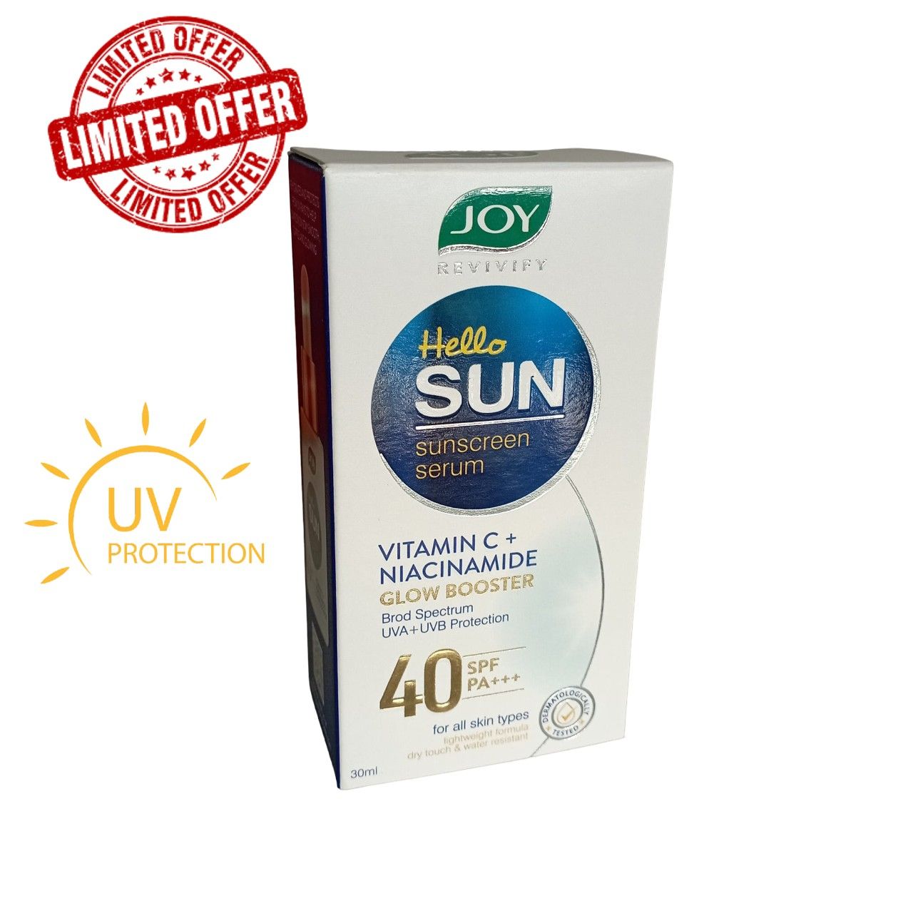 Joy Niacinamide Glow boster Sunscreen Serum SPF 40 PA+++ with Vitamin C. Reduces ACNE Marks, Dark Spots, Glows, Moisturizes, Prevent Photo-Ageing, Evens the skin tone & Protects Against UV-Rays