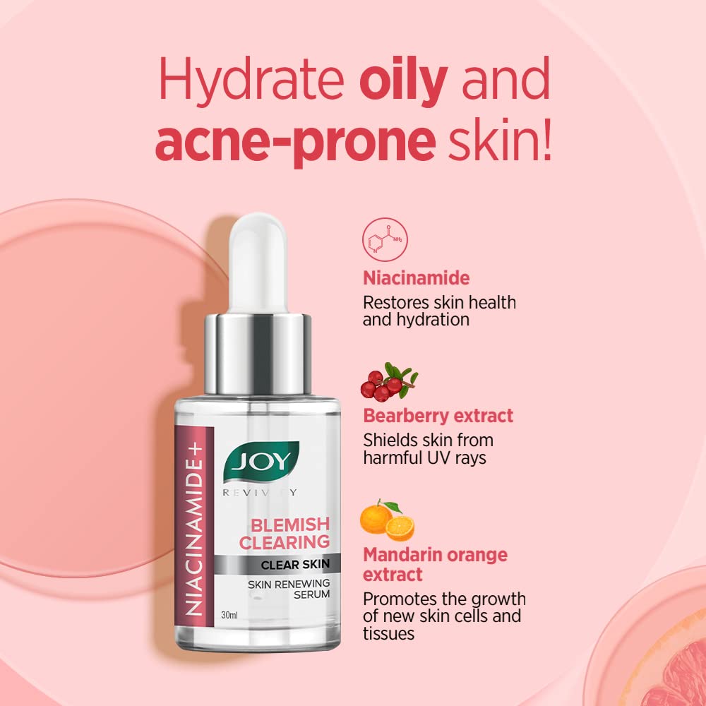 Joy Niacinamide Blemish Clearing Face Serum with Vitamin C & Hyaluronic Acid. Tightens & Firms, Moisturizes, Lighten Dark Spots, Evens the skin tone, Brightens, Removes Wrinkles, Blemish & Fine lines